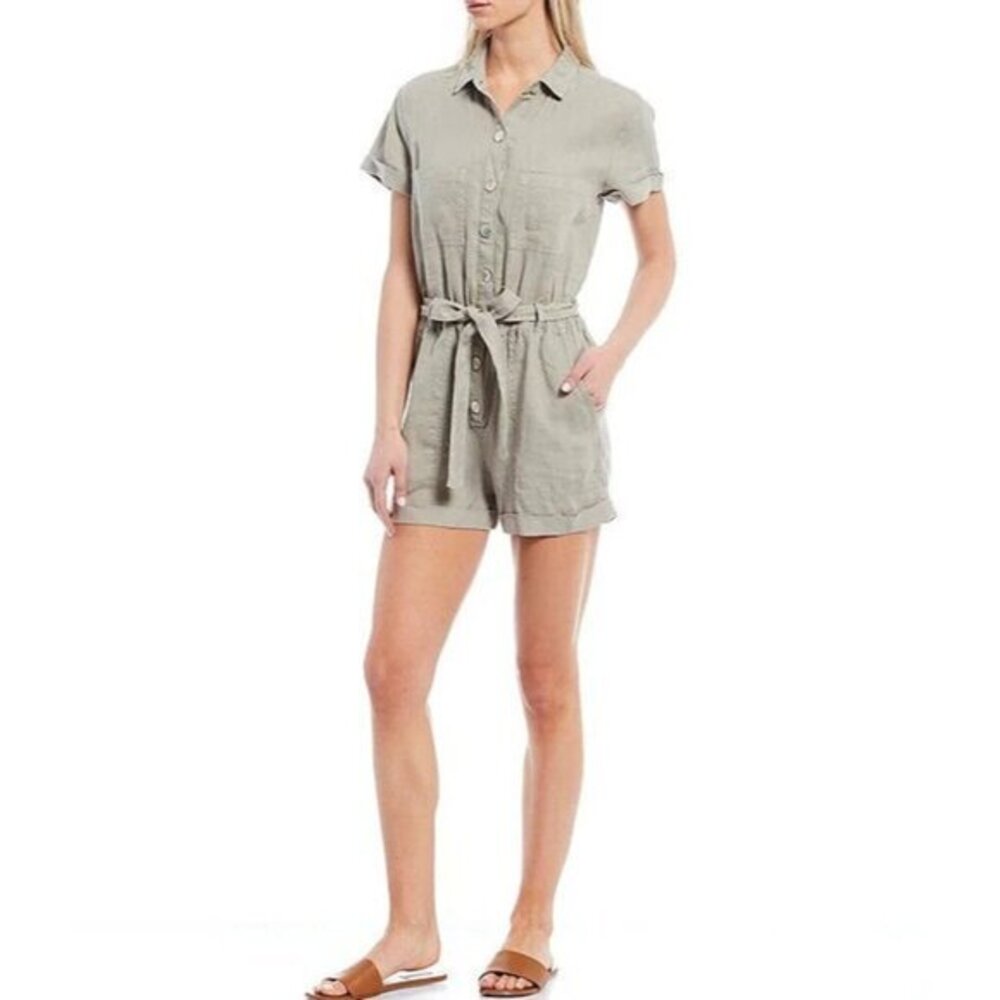 Anthropologie Cloth & Stone Linen Romper Tie Waist Rolled Hem SZ XS New